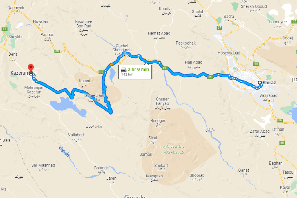مسیر کازرون به شیراز