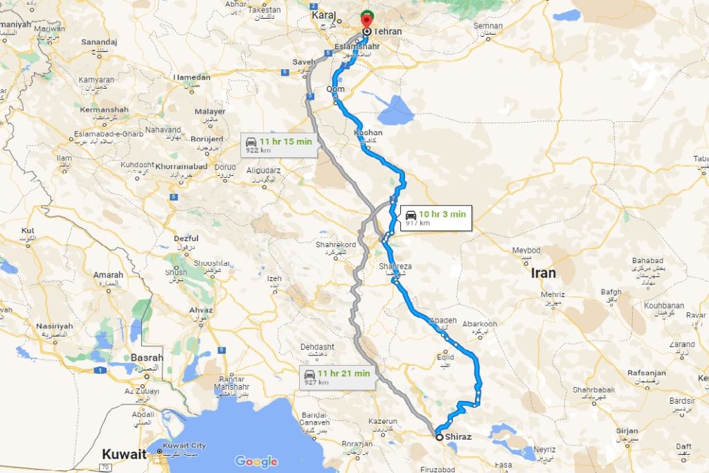 مسیر اول فاصله تهران تا شیراز روی نقشه
