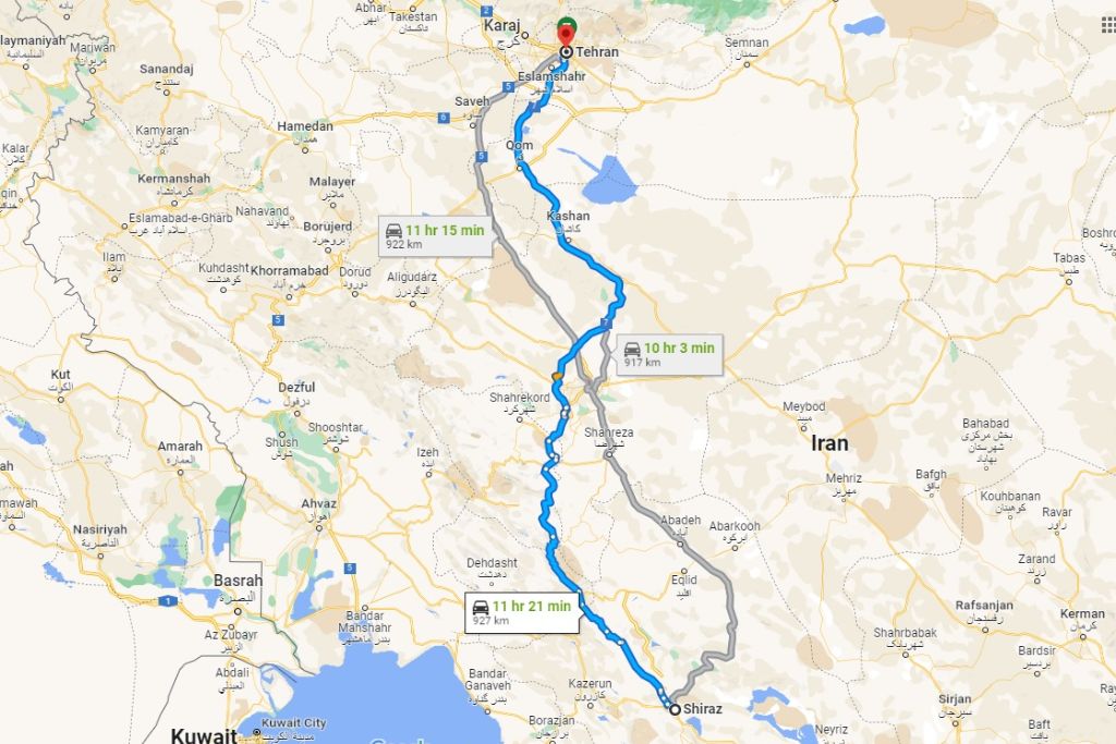 مسیر دوم فاصله تهران تا شیراز بر روی نقشه