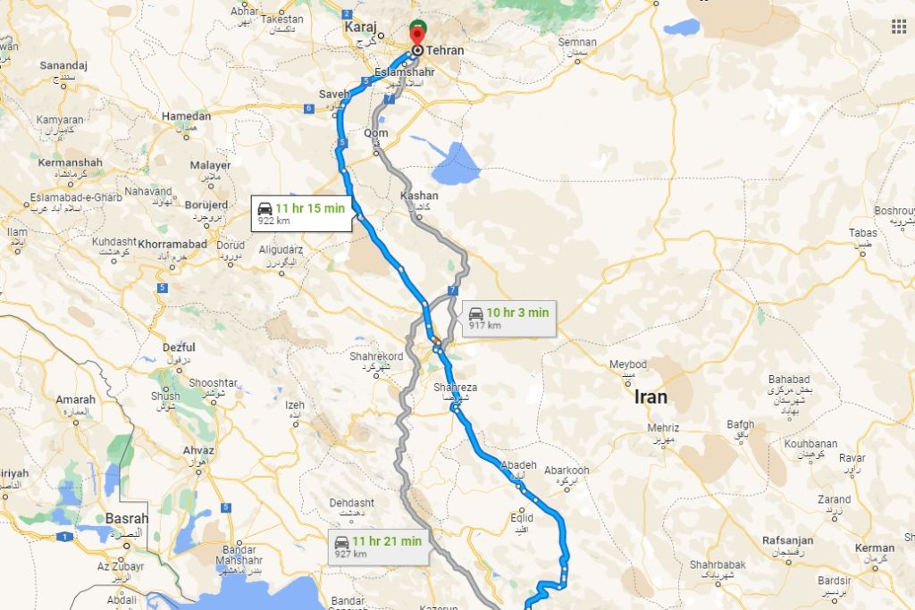 مسیر سوم فاصله تهران تا شیراز بر روی نقشه