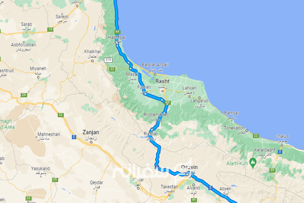 نقشه فاصله تهران تا آستارا
