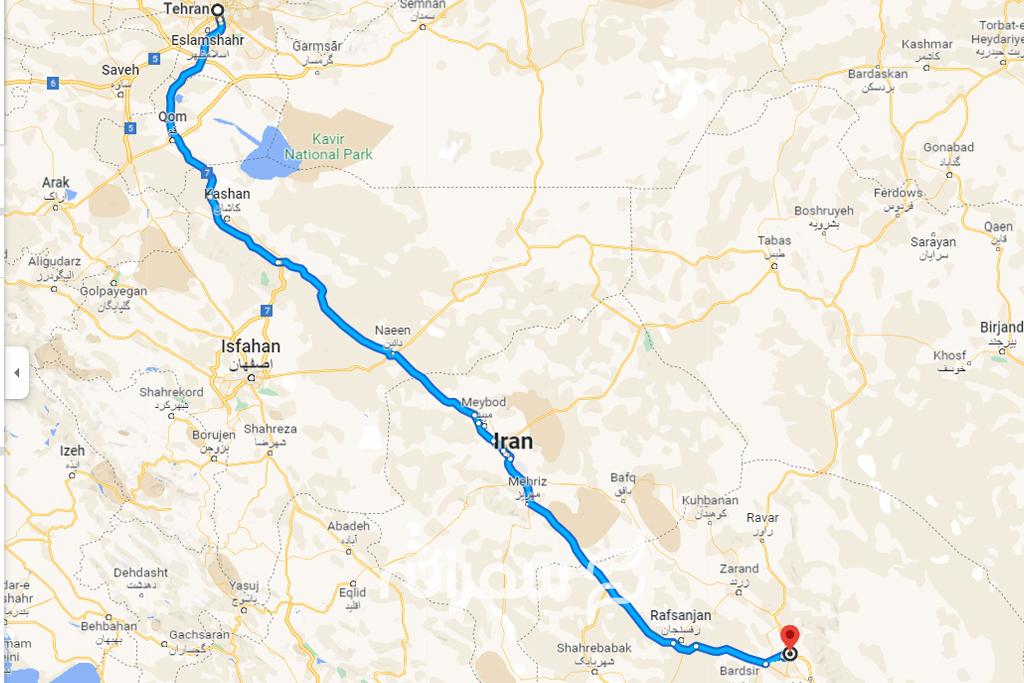 نقشه فاصله تهران تا کرمان
