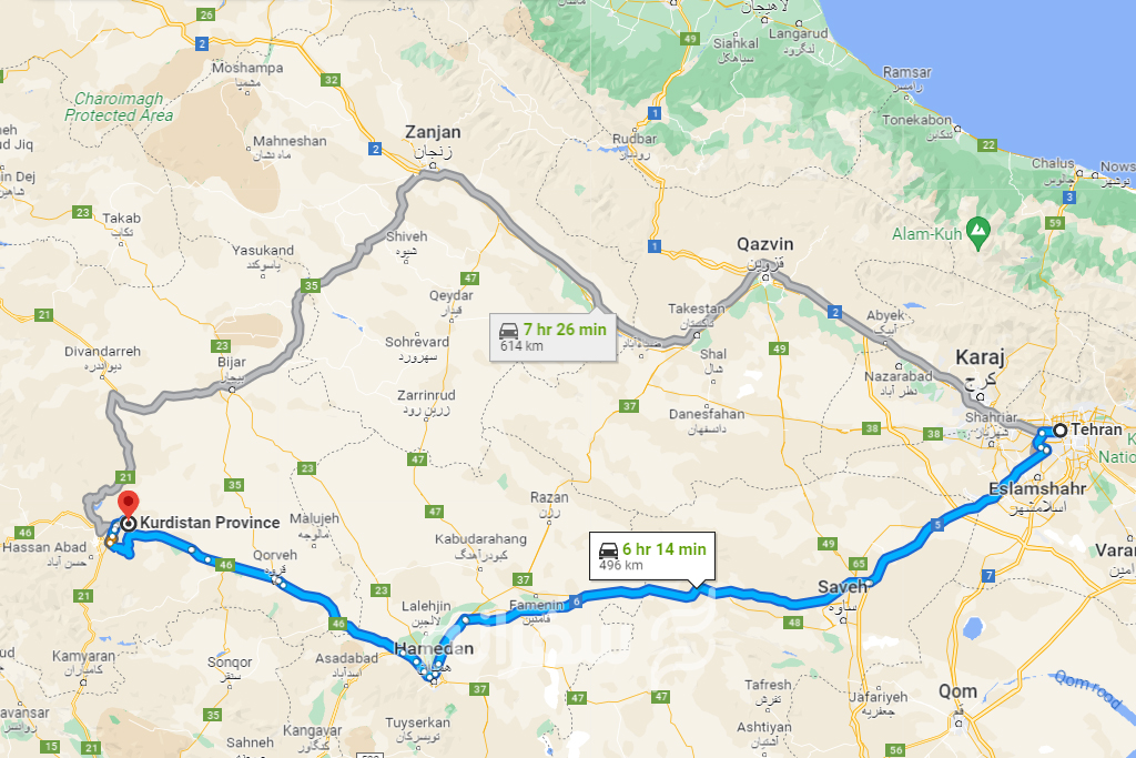 نقشه مسیر تهران به کردستان