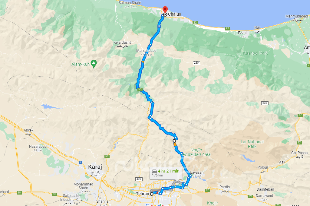 فاصله تهران تا چالوس در گوگل مپ