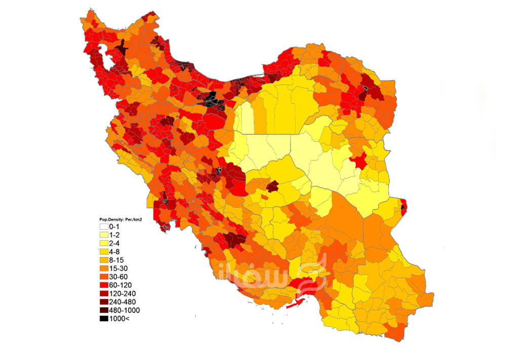 نقشه تراکم جمعیت ایران