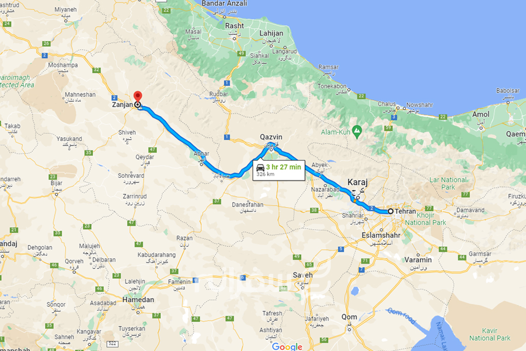 نقشه فاصله تهران تا زنجان