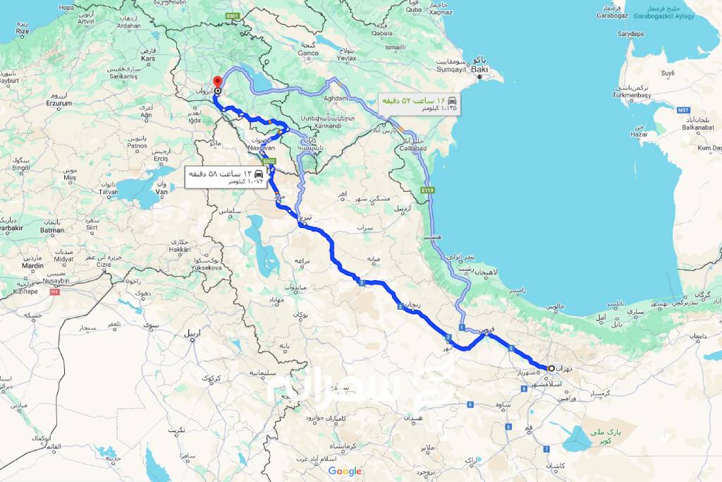 نقشه سفر زمینی به ارمنستان از تهران
